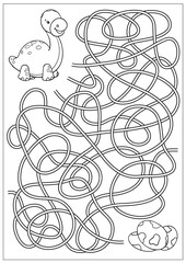 Kids maze game with vector illustration of cute dinosaur. Children worksheet and coloring. Activity page. 