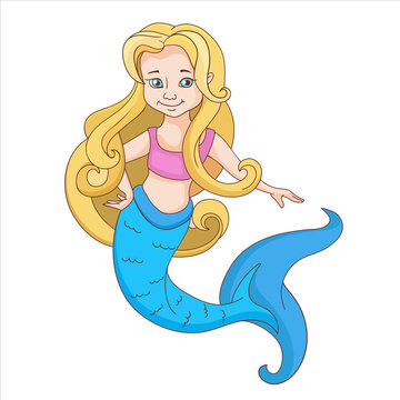 Cute cartoon mermaid. Funny fairy sea princess. Beauty print for little girl. Kids vector illustration.
