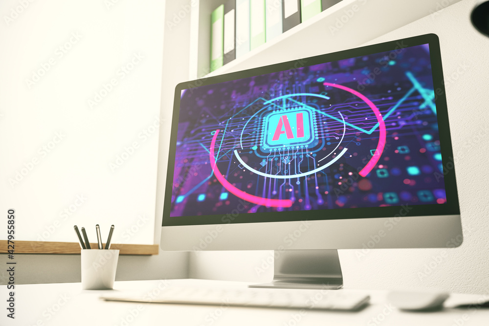 Poster computer monitor with creative artificial intelligence abbreviation. future technology and ai concep