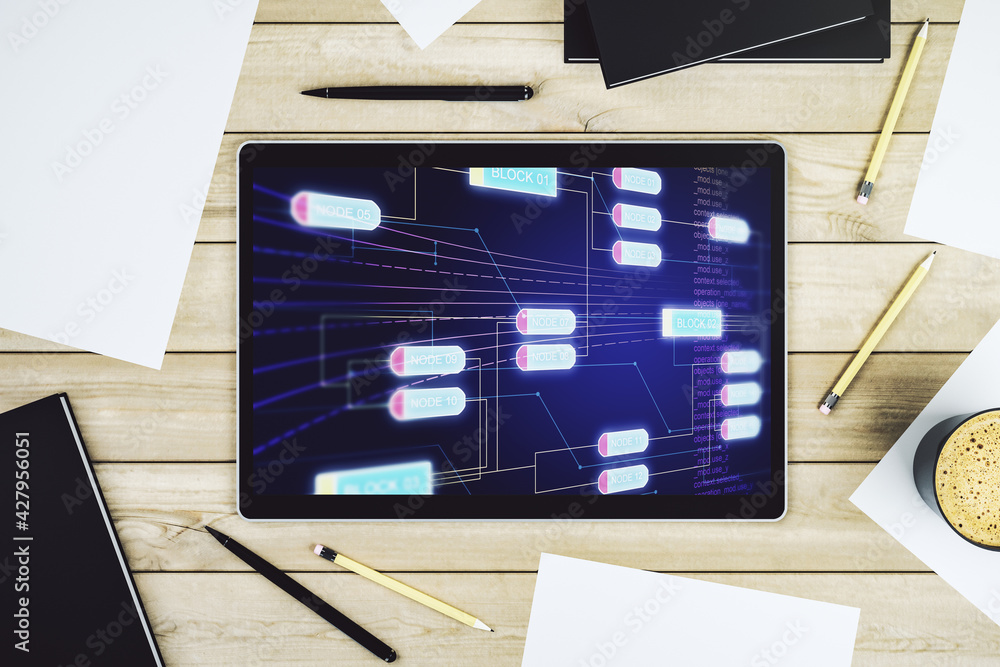 Poster top view of modern digital tablet screen with abstract creative programming illustration, big data a