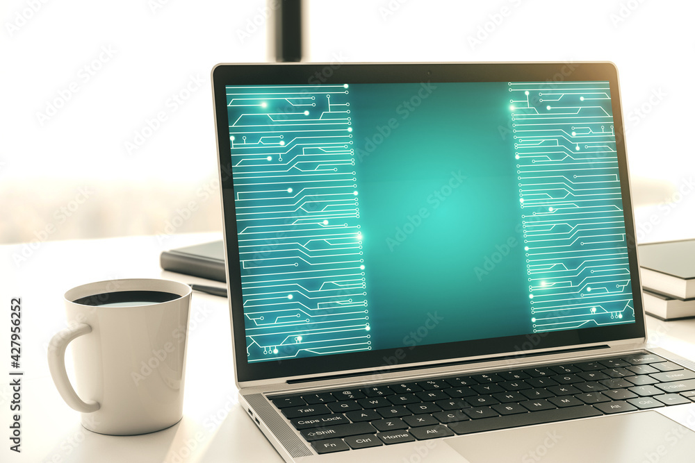 Poster creative abstract micro circuit sketch on modern laptop monitor, future technology and ai concept. 3