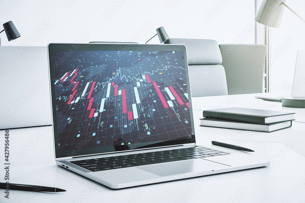 Poster creative abstract economic crisis chart with world map hologram on modern computer monitor, bankrupt