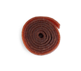 Delicious fruit leather roll isolated on white, top view