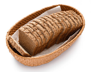 sliced rye bread in a wicker basket, isolated on a white background - obrazy, fototapety, plakaty