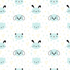 Childish seamless pattern with cute smiley animals. Pastel background for baby boys. Creative baby texture for fabric, nursery, textile, clothes