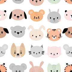 Childish seamless pattern with cute smiley faces. Cute animals. Creative baby texture for fabric, nursery, textile, clothes