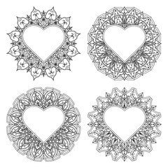 Set of Mehndi flower. decorative ornament in ethnic oriental style. coloring book page. Emblem luxury beauty spa, cosmetics, jewelry, hotel, restaurant. Wedding elegant outline frame. Vintage premium 