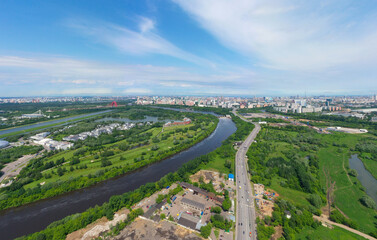 Panoramic view of Moscow on a sunny day, Russia. Picturesque region in the north-west of Moscow city. Terekhovo metro station site