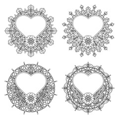 Set of Mehndi flower. decorative ornament in ethnic oriental style. coloring book page. Emblem luxury beauty spa, cosmetics, jewelry, hotel, restaurant. Wedding elegant outline frame. Vintage premium 