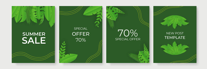 Summer sale vector illustration with green floral and leave in paper cut style for mobile and social media banner, poster, shopping ads, marketing material