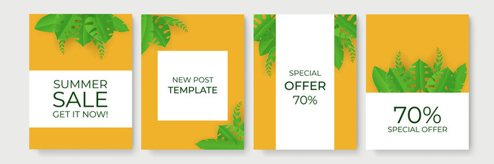 Summer sale banner with paper cut wave and tropical leaves background, exotic floral design for banner, flyer, invitation, poster, web site or greeting card. Paper cut style, vector illustration