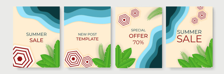 Fototapeta na wymiar Summer sale banner with paper cut wave and tropical leaves background, exotic floral design for banner, flyer, invitation, poster, web site or greeting card. Paper cut style, vector illustration