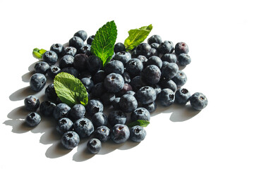 Blueberry with mint leaf isolated on white background. Place for text, advertisement, postcard.