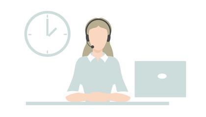 Call center operator flat Concept vector illustration. Woman with headphones and microphone with laptop.