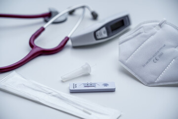 Sars Covid 19 Rapid Antigentest with Mask, Clinical Thermometer and Stethoscope. Negative Corona Test