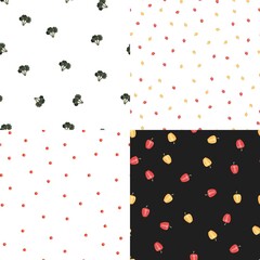 Collection of four seamless patterns with colorful vegetables. Hand drawn vector illustration design with broccoli, bell pepper and cherry tomatoes. Natural organic food. Wallpaper and fabric design.