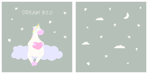 cute unicorn with heart on the cloud. cartoon vector illustration for baby design, kids room, print, fabric