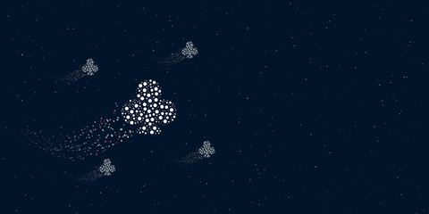 Fototapeta na wymiar A club filled with dots flies through the stars leaving a trail behind. Four small symbols around. Empty space for text on the right. Vector illustration on dark blue background with stars