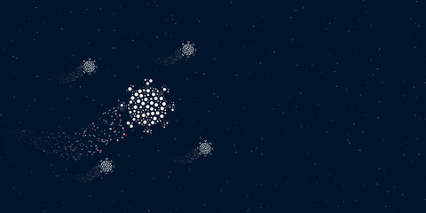 A coronavirus symbol filled with dots flies through the stars leaving a trail behind. There are four small symbols around. Vector illustration on dark blue background with stars