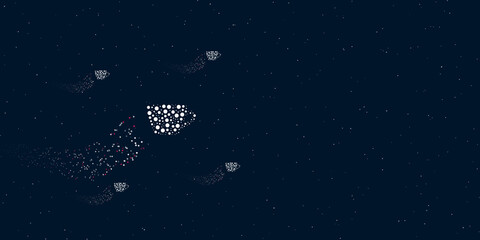 Fototapeta na wymiar A coffee cup symbol filled with dots flies through the stars leaving a trail behind. There are four small symbols around. Vector illustration on dark blue background with stars