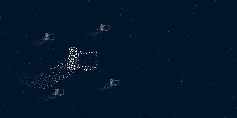 A desktop symbol filled with dots flies through the stars leaving a trail behind. Four small symbols around. Empty space for text on the right. Vector illustration on dark blue background with stars