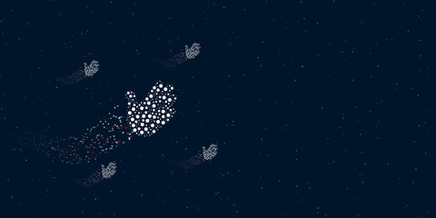 Fototapeta na wymiar A hand filled with dots flies through the stars leaving a trail behind. Four small symbols around. Empty space for text on the right. Vector illustration on dark blue background with stars