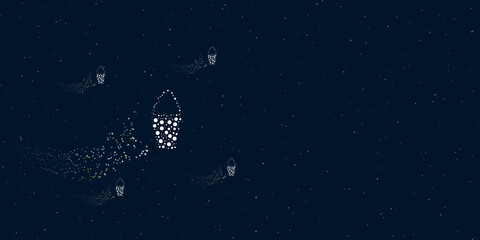 Obraz na płótnie Canvas A ice cream symbol filled with dots flies through the stars leaving a trail behind. Four small symbols around. Empty space for text on the right. Vector illustration on dark blue background with stars