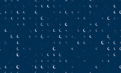 Seamless background pattern of evenly spaced white moon symbols of different sizes and opacity. Vector illustration on dark blue background with stars