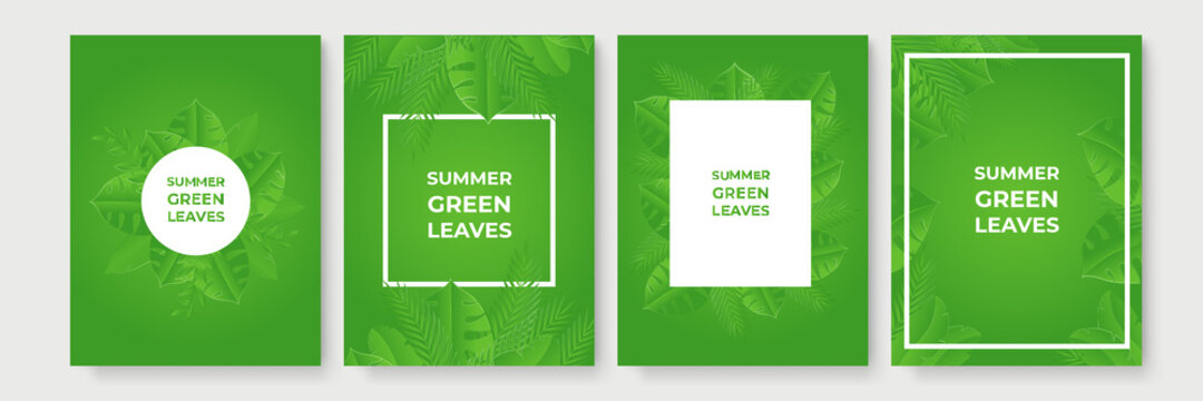 Green summer background with tropical papercut leaves. Collection of vertical summer backgrounds with frames or borders made of green tropical palm leaves or jungle exotic foliage and place for text. 