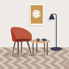 Trendy scandinavian interior of the living room with a sofa, wooden furniture, lamp and coffee table. Flat vector illustration of home design.