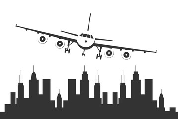Fototapeta na wymiar Airplane flying over a urban city.