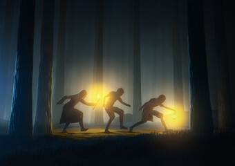 Three silhouettes in the dark forest