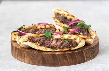 Arayes- pita bread filled with a mixture of minced meat with different spices