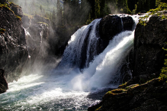 Rjukandefossen double waterfall located in the vicinity of the village Tuv in the municipality of Hemsedal in Viken county, Norway