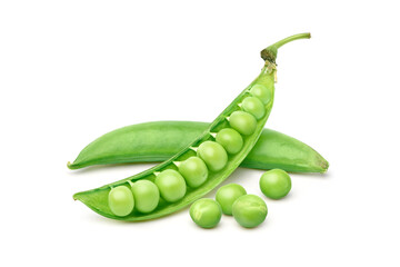 Fresh green peas with pods isolated on white background.