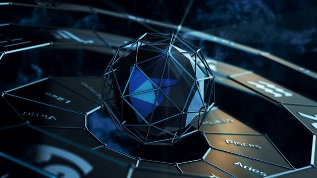 futuristic armillary close-up animation, zodiac signs and names, months and degrees (3d render)