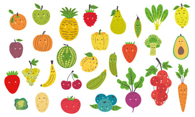 Large set of cute fruits and vegetables. Fruit and vegetable healthy characters for children. Nursery characters for children's design. Vector illustration