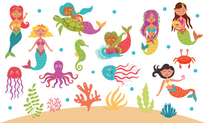 Large set of cute mermaids and sea creatures. Mythological and fantastical underwater world. Nursery characters for children's design. Vector illustration