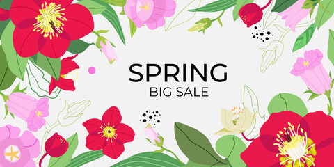 Spring sale banner with hellebore flowers on a pastel background. Banner perfect for promotions, magazines, advertising, web sites. Vector illustration.