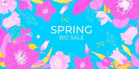 Spring sale banner with hellebore flowers on a blue background. Banner perfect for promotions, magazines, advertising, web sites. Vector illustration.