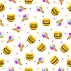 Seamless Pattern Abstract Elements Hamburger Cheeseburger And Ice Cream Fast Food Vector Design Style Background Illustration