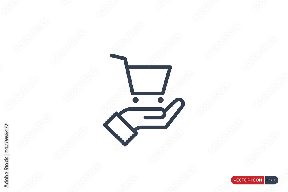 Poster shopping care icon line. shopping cart with hand isolated on white background. flat vector icon desi