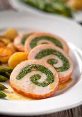 Turkey breast stuffed with roasted potatoes and asparagus.