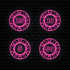 Poker chips neon collection vector icons set. Isolated on black Background. Casino Emblems and Labels, Bright Neon Sign, Poker. Vector illustration