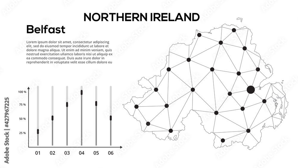 Aufkleber northern ireland communication network map. vector image of a low poly global map with city lights. 