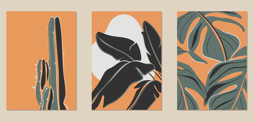A set of three abstract minimalist aesthetic floral illustrations. Dark silhouettes of plants on a light background. Modern vector posters for social media, web design in vintage scandinavian style.