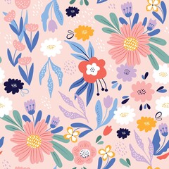 Cute seamless pattern with flowers in Scandinavian style. Perfect for wrapping paper, fabric texture, wallpaper