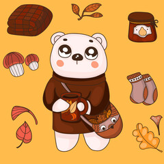 Vector illustration of cute bear character on yellow background drinking hot chocolate.