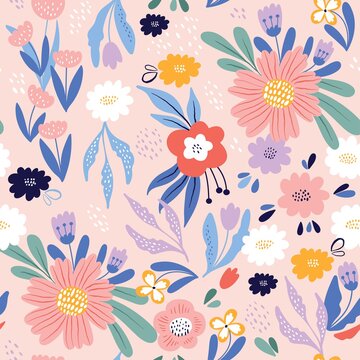 Fototapeta Cute seamless pattern with flowers in Scandinavian style. Perfect for wrapping paper, fabric texture, wallpaper