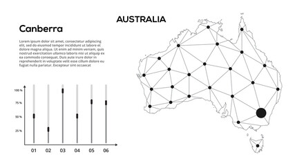 Australia communication network map. Vector image of a low poly global map with city lights. Map in the form of lines and dots